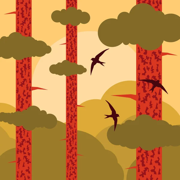 Pájaro volando en pino bosque paisaje fondo ilustración vector — Vector de stock
