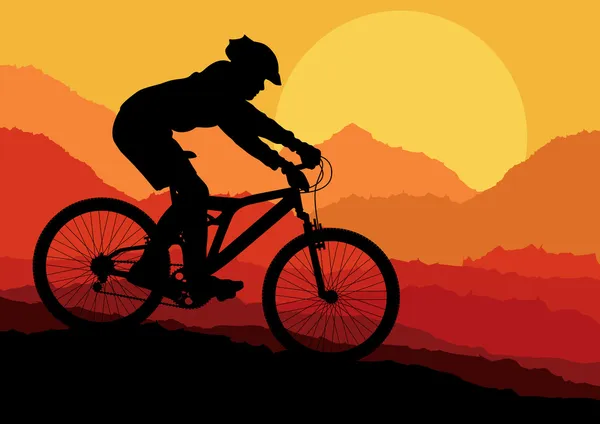 Mountainbike-Fahrer in Landschaft Hintergrund Illustration Vektor — Stockvektor