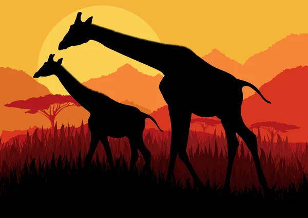 Siluetas de la familia jirafa en África naturaleza salvaje paisaje de montaña — Vector de stock