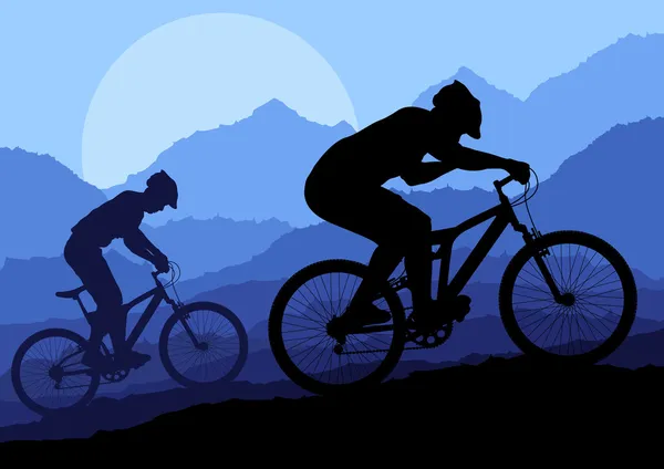 Βουνό αναβάτη ποδήλατο στο τοπίο φόντου εικόνα διάνυσμα — Διανυσματικό Αρχείο