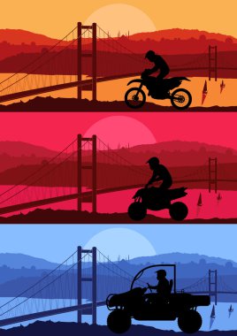 All terrain vehicle motorbike riders in Arabic city bridge landscape clipart