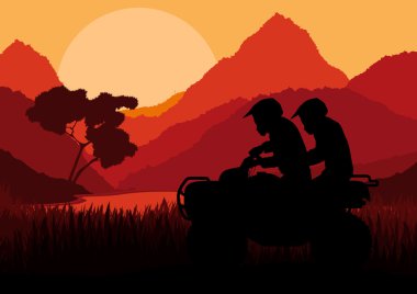 All terrain vehicle quad motorbike riders in wild nature landscape clipart