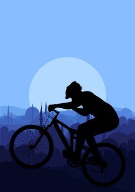 Mountain bike rider in Arabic city landscape background illustration vector clipart