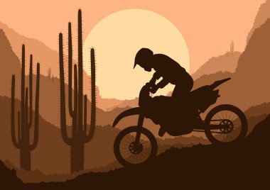 Motorbike rider in wild nature landscape background illustration clipart