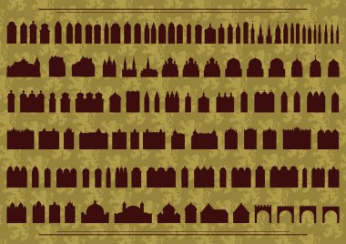 Vintage old city buildings, churches, towers, castles and gates clipart