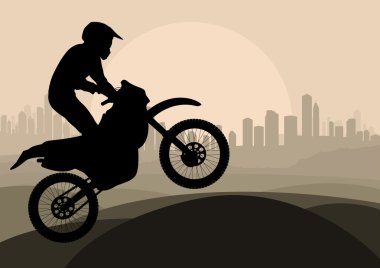 Motorbike rider in skyscraper city landscape background illustration clipart