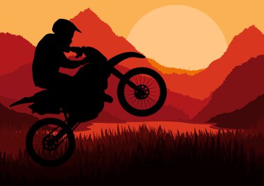 Motorbike rider in wild nature landscape background illustration clipart