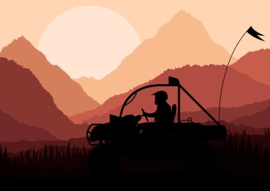 All terrain vehicle quad motorbikes and dune buggy riders illustration clipart