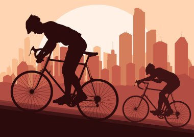 Sport road bike bicycle riders in skyscraper city clipart