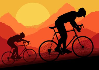 Sport road bike bicycle riders in wild nature landscape clipart