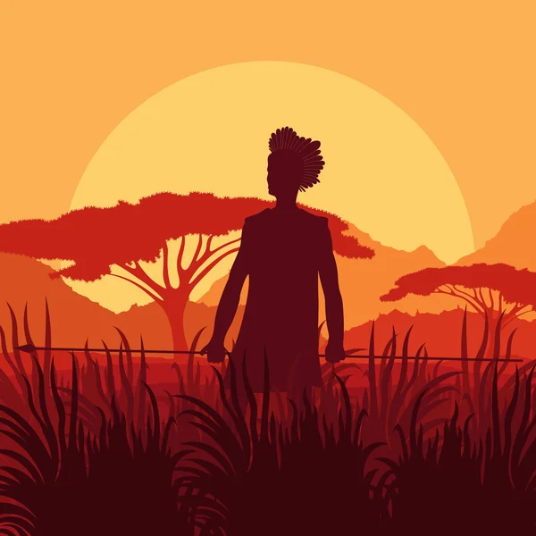 Cazador africano nativo en naturaleza salvaje paisaje fondo ilustración — Vector de stock