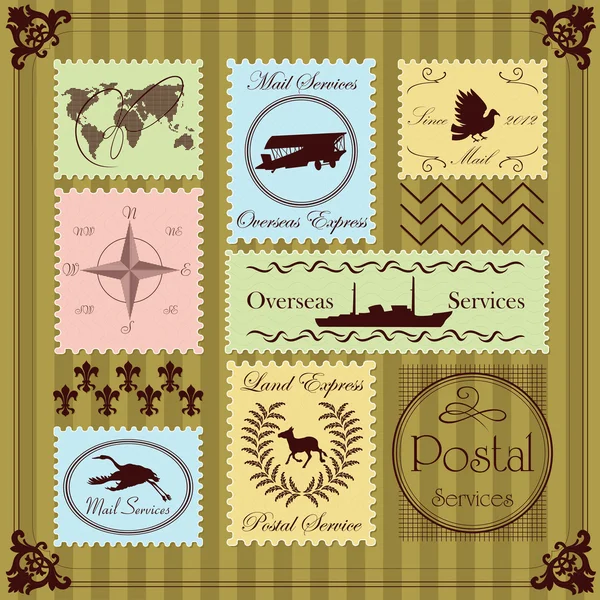 Vintage postage stamps illustration collection background vector — Stock Vector