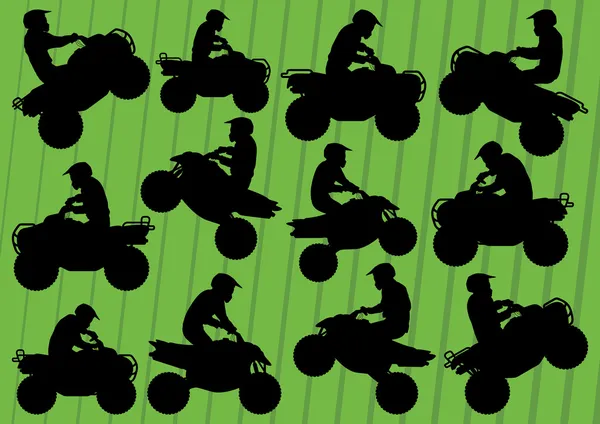 Всі місцеві транспортні засоби чотири мотоцикли і дюни Баггі гонщики ілюстрація — стоковий вектор