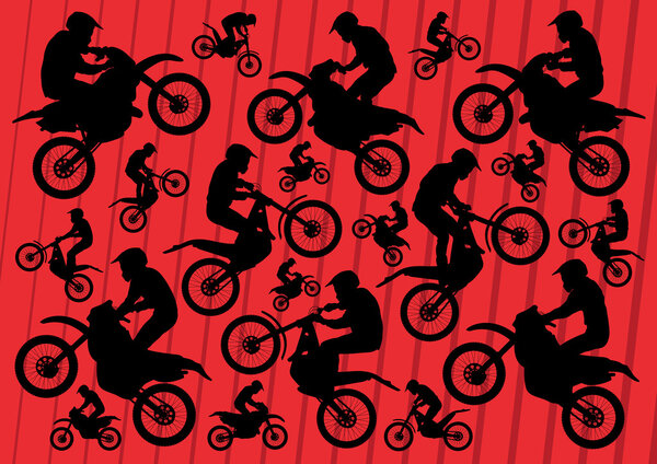 Motocross and trial motorbikes riders illustration collection background