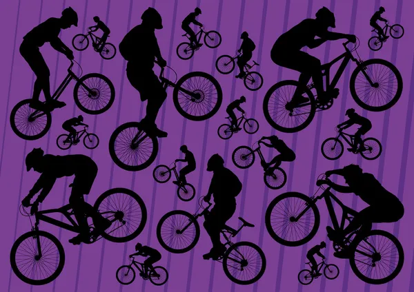 Ορεινό ποδήλατο και trial αναβάτες ποδηλάτων σιλουέτες εικονογράφηση συλλογή — Διανυσματικό Αρχείο