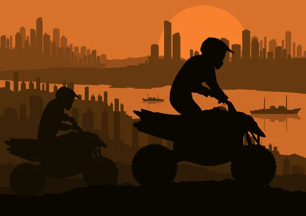All terrain vehicle motorbike rider in skyscraper city landscape background — Stock Vector