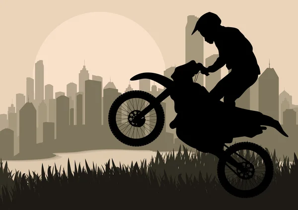 Motociclista in grattacielo città paesaggio sfondo illustrazione vettore — Vettoriale Stock