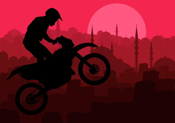 摩天大楼城市景观背景图向量中的摩托车骑手 — 图库矢量图片