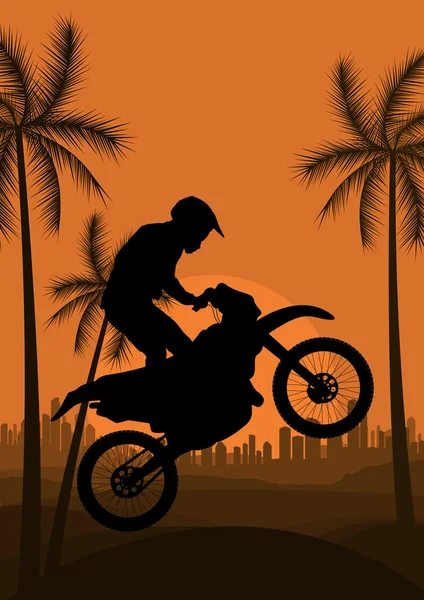 stock vector Motorbike rider in wild nature landscape background illustration