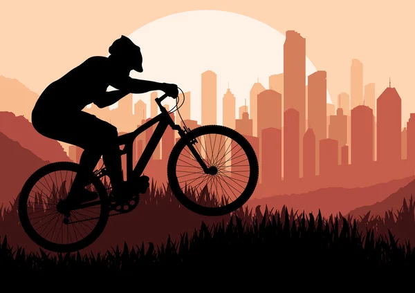 Mountain bike rider in landschap achtergrond illustratie vector — Stockvector