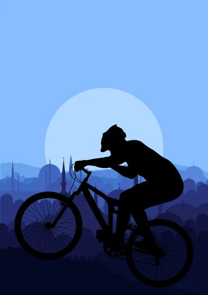 山骑自行车的人在阿拉伯语城市景观背景图矢量 — 图库矢量图片