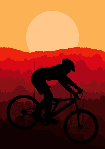 Mountain bike rider in Arabic city landscape background illustration vector — Stock Vector