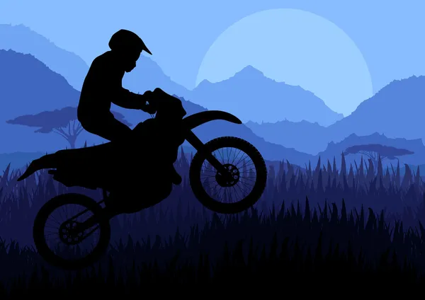 Jezdec na motocyklu v divoké přírodě krajinné pozadí obrázku — Stockový vektor