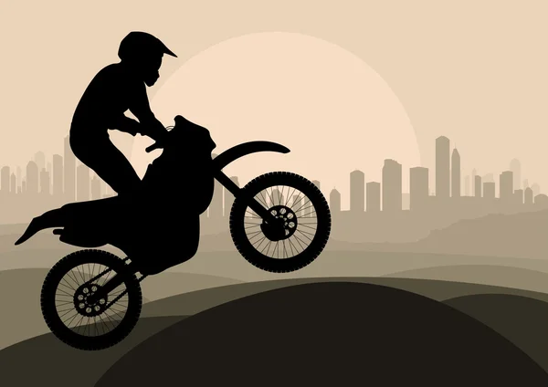 Cavalier moto dans gratte-ciel ville paysage arrière-plan illustration — Image vectorielle
