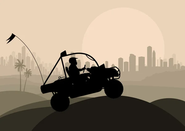 Tout terrain motocycliste véhicule dans gratte-ciel ville paysage arrière-plan — Image vectorielle