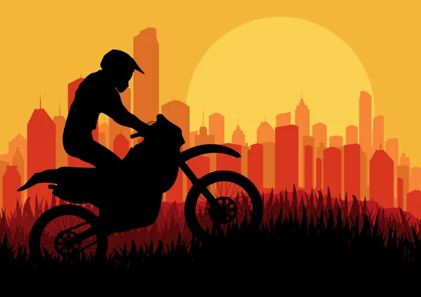 Motorrad-Fahrer in Wolkenkratzer Stadtlandschaft Hintergrund Illustration — Stockvektor