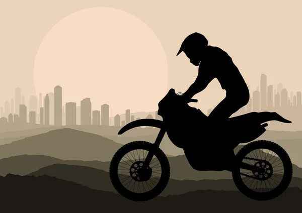 高層ビル都市の風景の背景イラストのバイク ライダー — ストックベクタ