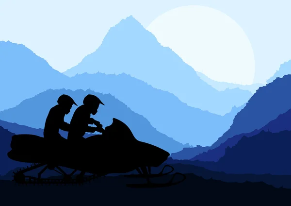 Motoneige cavaliers dans la nature sauvage paysage fond illustration vecteur — Image vectorielle