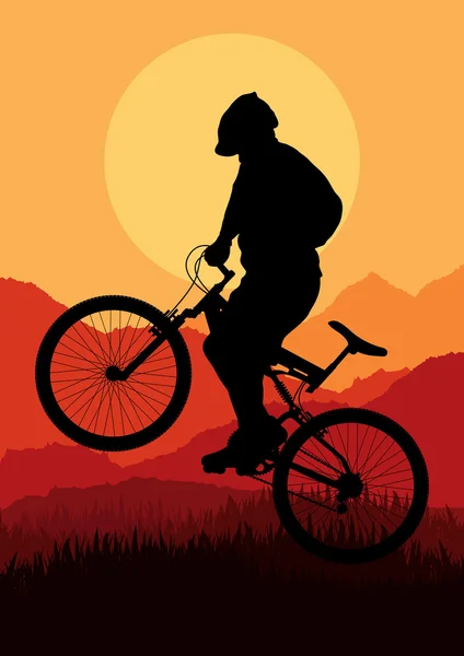Mountain bike trial rider en la naturaleza salvaje paisaje fondo ilustración — Vector de stock