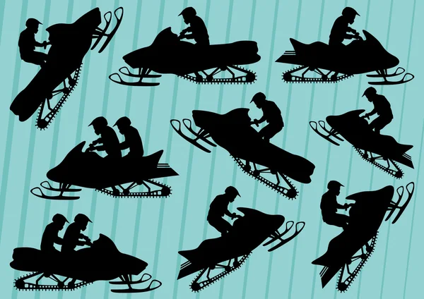 Snowmobile motociclistas silhuetas ilustração coleção fundo — Vetor de Stock