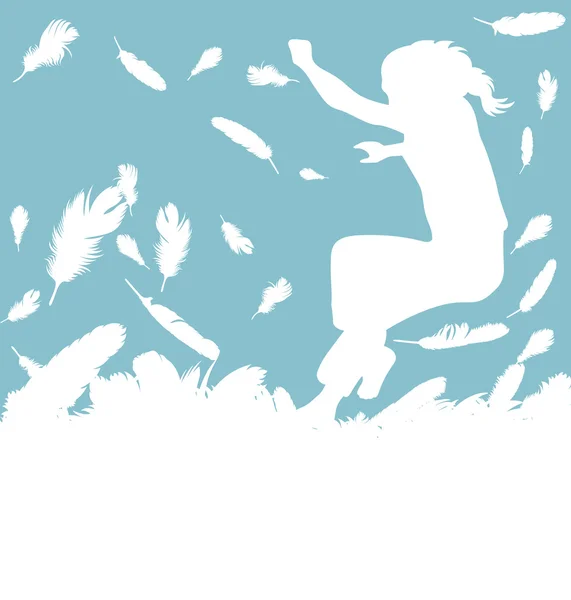 Kid jumping in feathers vector — Stock Vector