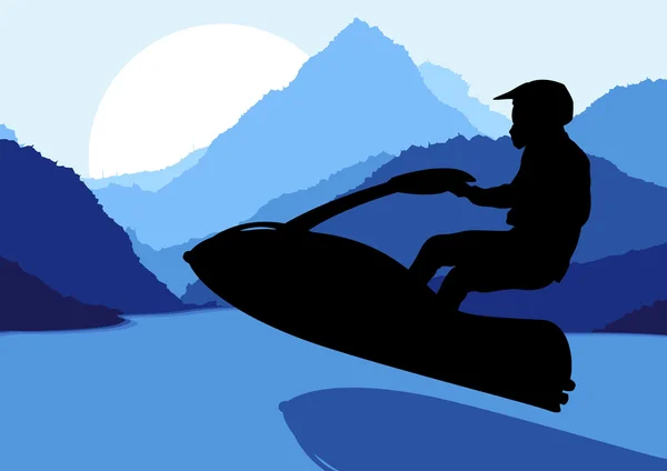 滑雪喷射水体育摩托车车手在野生自然 — 图库矢量图片