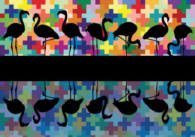 Colorful mosaic and flamingo birds silhouettes reflection illustration back clipart