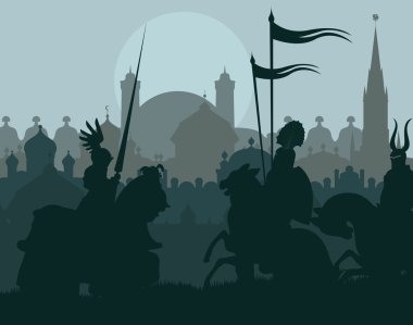 Ortaçağ Şövalyeleri savaşta vektör arka plan, binici lideri