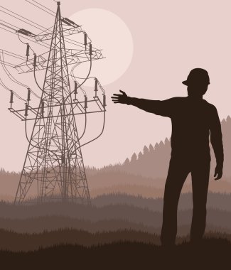 Power high voltage tower with engineer in front of it clipart