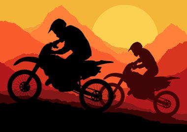 Motorbike riders motorcycle silhouettes in wild mountain landscape backgrou clipart