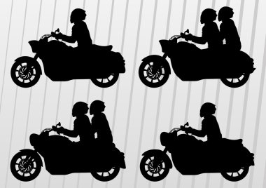 Motorbike riders and motorcycles silhouettes illustration collection backgr clipart