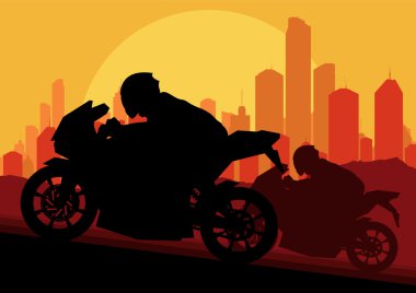 Sport motorbike riders motorcycle silhouettes in skyscraper city landscape clipart