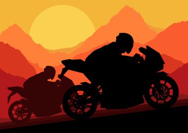 Sport motorbike riders motorcycle silhouettes in wild mountain landscape ba clipart