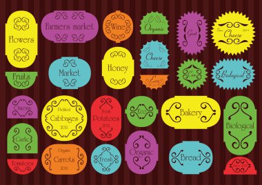 Colorful organic farmers market food labels frames and elements illustratio clipart