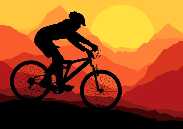 야생의 자연 풍경 배경 illustrati에 산악 자전거 자전거 라이더 — 스톡 벡터