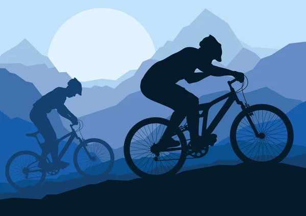 Ciclismo de montaña ciclistas en la naturaleza salvaje paisaje fondo illustrati — Vector de stock