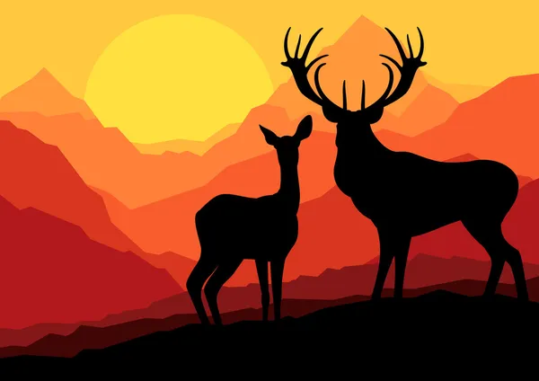 野生の山自然風景の背景イラスト ベクトルで鹿の家族 — ストックベクタ