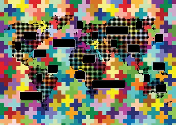 Mapa del mundo de punto mosaico con burbujas de habla de colores ilustración backgrou — Archivo Imágenes Vectoriales
