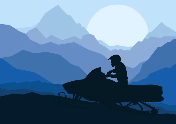 Sneeuwscooter rider in wilde natuur landschap achtergrond illustratie vector — Stockvector