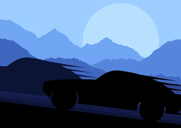 Siluetas de coches deportivos en paisaje montañoso salvaje ilustración de fondo — Vector de stock